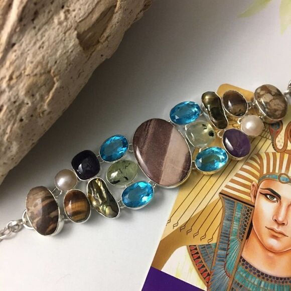 Agate, Blue Topaz, Pearl Mix Gemstone Sterling Silver Toggle Bracelet - Picture 5 of 7